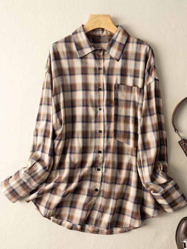 100% Natural Fabric Loose Mid Length Plaid Shirt