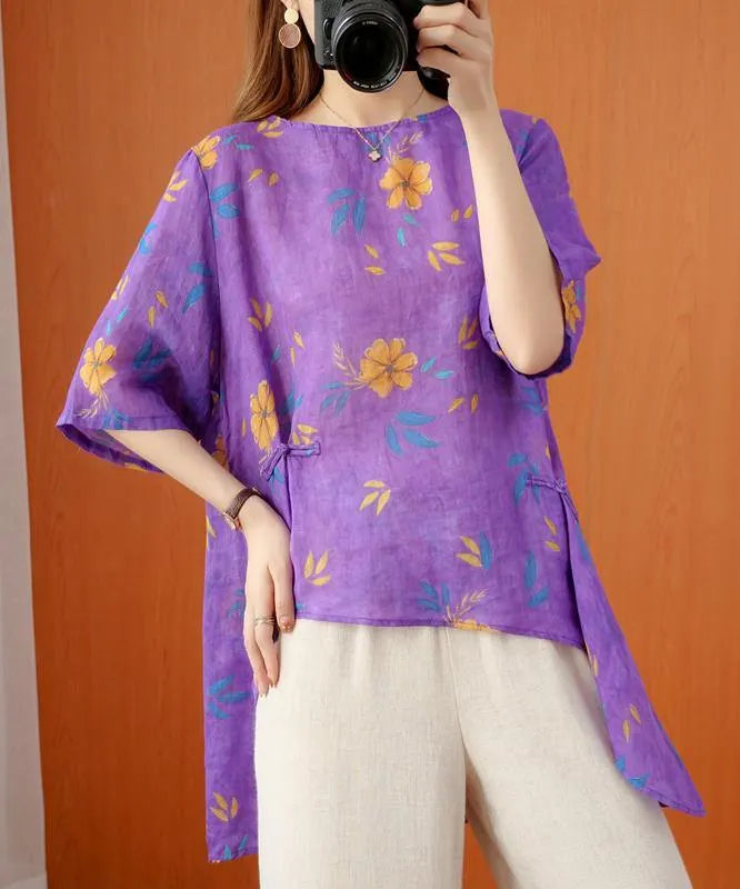 French O Neck Asymmetric Summer Top Shirts Purple Print Top