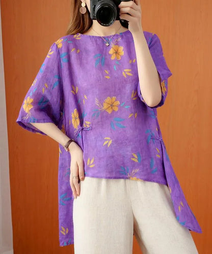 French O Neck Asymmetric Summer Top Shirts Purple Print Top