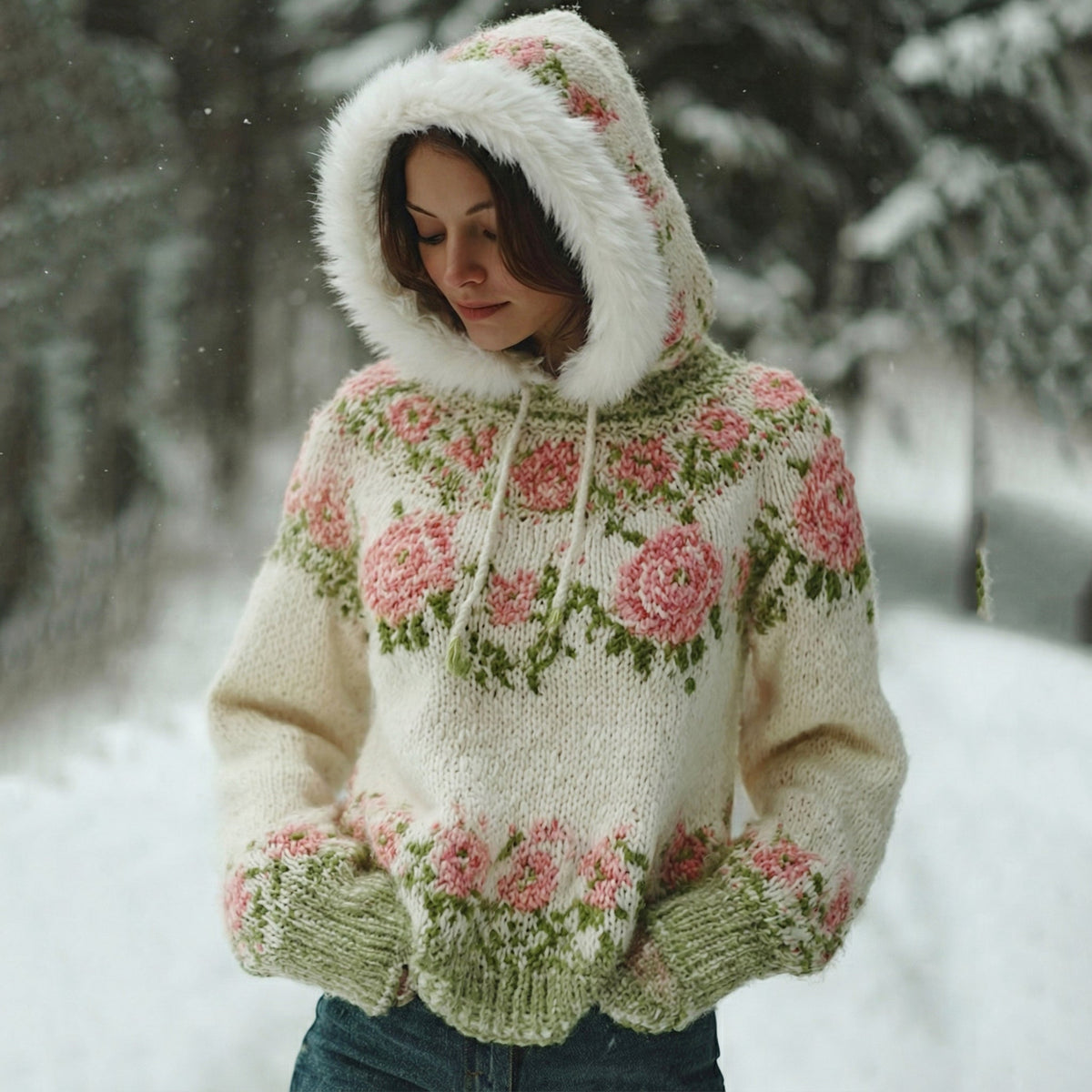 Comstylish Women's Bohemian Style Pink Rose Art Warm Hooded Knitted Sweater
