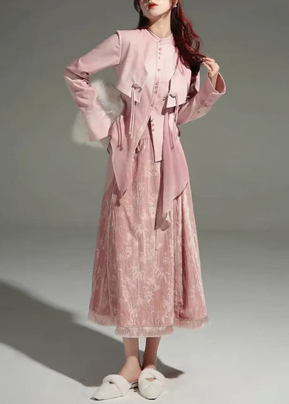 Pink Tulle Patchwork Shirts and Maxi Skirts Two Piece Set Long Sleeve