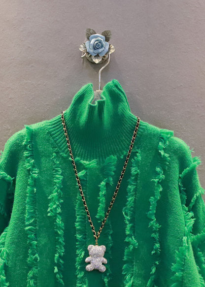 Stylish Green High Neck Tasseled Thick Knit Top Winter