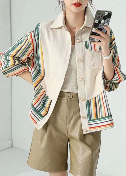 Beige Peter Pan Collar Pockets Striped Patchwork Cotton Coat Fall