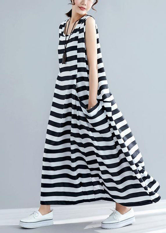 Loose Sleeveless O Neck Black Striped Cotton Robes Dress Summer