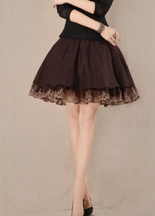Chocolate Tulle Patchwork High Waist Woolen a Line Skirts Winter