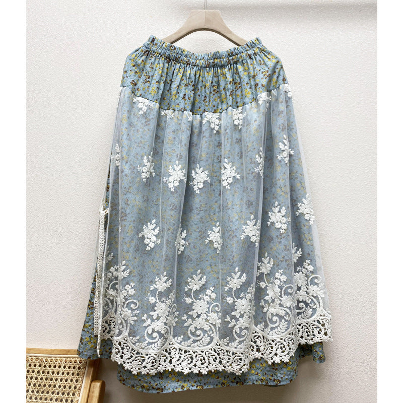 Cozy Linen Retro Embroidery Lace Mesh Skirt
