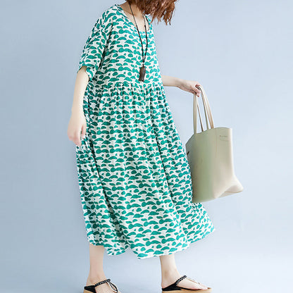 Boutique Green Cotton Linen Dresses Clothing Short Sleeve Baggy Dresses Boutique O Neck Linen Cotton Dress