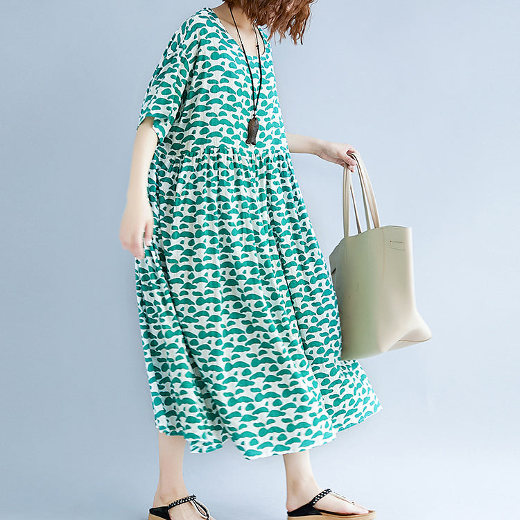 Boutique Green Cotton Linen Dresses Clothing Short Sleeve Baggy Dresses Boutique O Neck Linen Cotton Dress