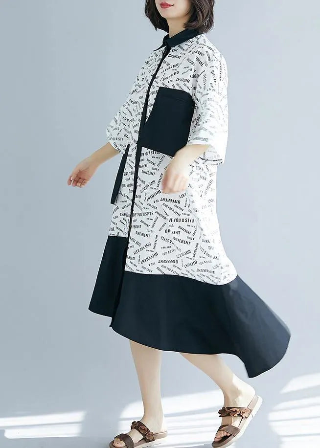 French Lapel Patchwork Asymmetric Cotton White Print Dresses Summer