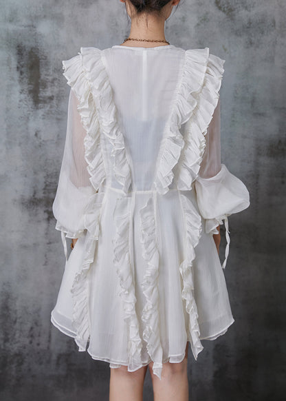 White Ruffled Chiffon Tea Dress Summer