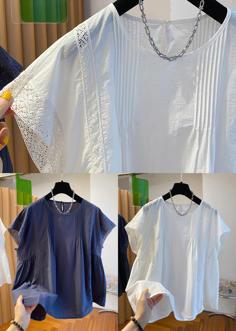White Wrinkled Lace Patchwork Cotton Summer Shirts O Neck