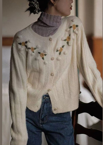 Beige Embroidered Button Patchwork Knit Coats Fall