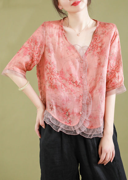 Red Ruffled Button Patchwork Linen Blouse Top Summer