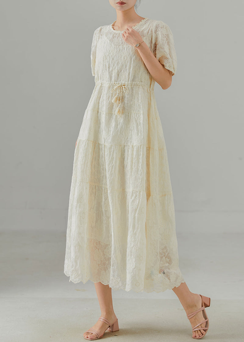 Beige Embroidered Cotton Cinched Dress Summer