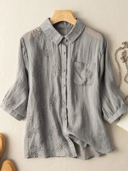 Embroidered 3/4 Sleeve Linen Shirt Top With a Patch Pocket