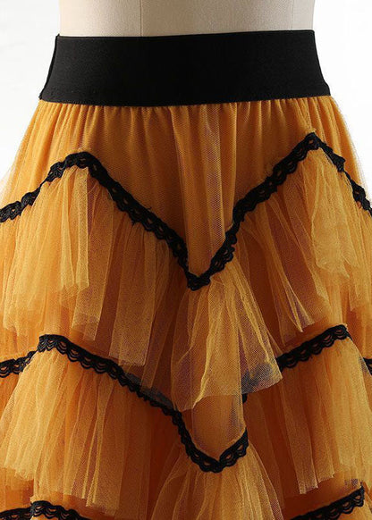 Yellow Ruffles Patchwork Tulle a Line Skirts Spring