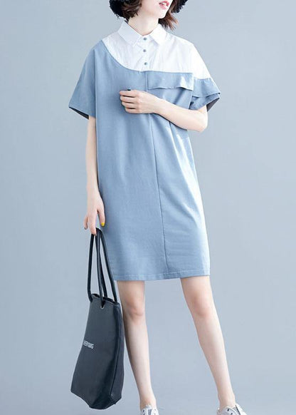 Italian O Neck Patchwork Cotton Tunics Light Blue Dress Summer