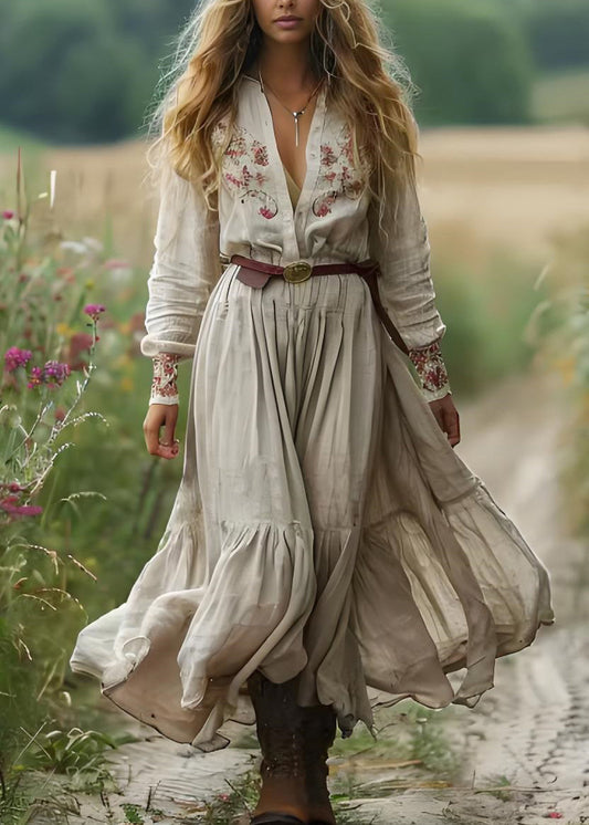 Beige V Neck Print Patchwork Cotton Long Dress Spring