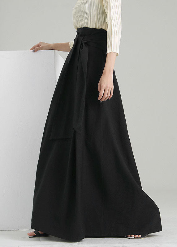 Black Tie Waist Wrinkled Maxi Skirts Spring