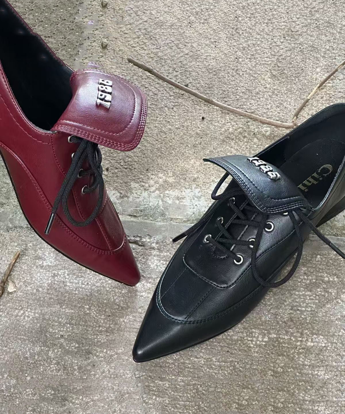 Black Faux Leather Splicing Lace Up Pointed Toe Shoes