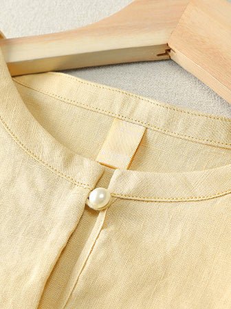Pure Color Crew Neck Short Sleeve Buttoned Linen Tee Top