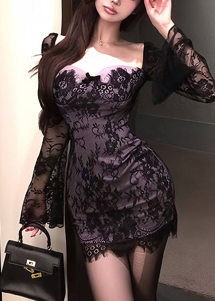 Black Bustier Top Lace Mini Dress Flare Sleeve