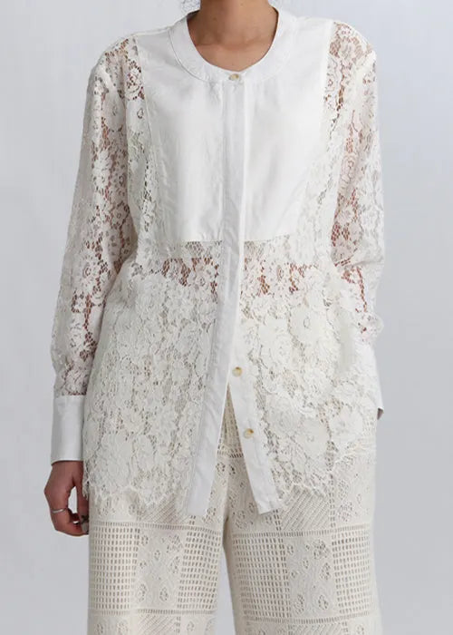 White Button Hollow Out Lace Blouses Spring