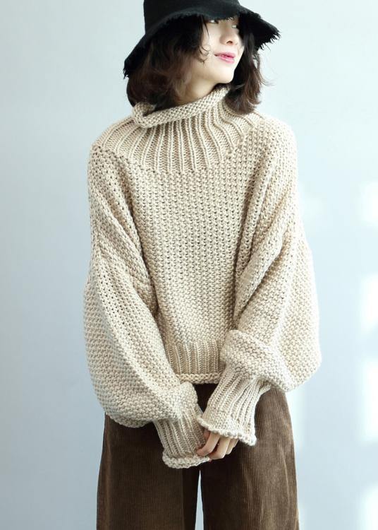 Beige Knit Tops High Neck Lantern Sleeve Knit Tops