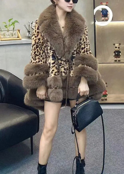 Leopard Fur Collar Drawstring Patchwork Faux Leather Coats Winter