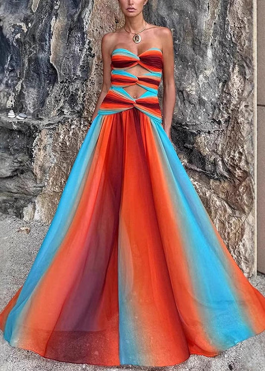 Gradient Color Exra Large Hem Chiffon Strapless Dress Summer