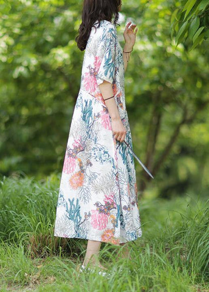 100% O Neck Baggy Linen Robes Wardrobes White Print Dress