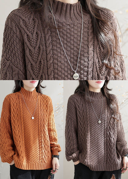Orange High Neck Chunky Oversized Cable Knit Sweater Winter