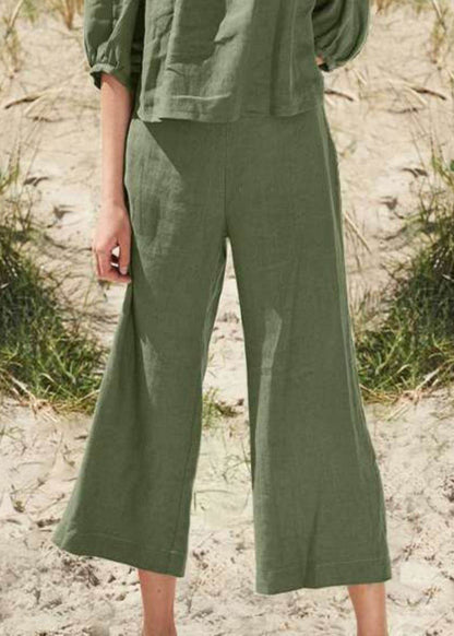 Style Khaki Square Collar Top and Crop Pants Two Pieces Set Half Sleeve