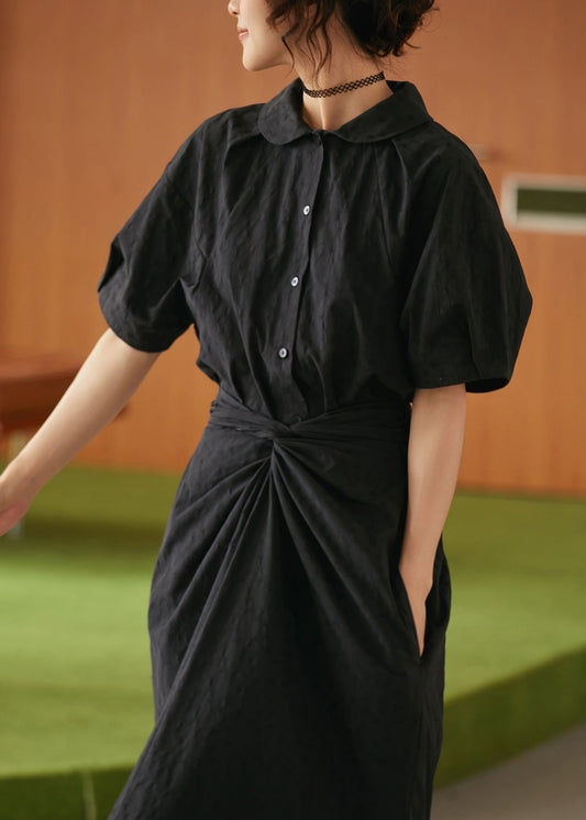 Black Peter Pan Collar Lace Up Cotton Dresses Summer