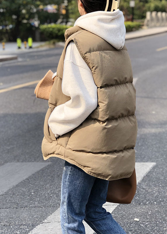 Khaki Stand Collar Thick Winter Sleeveless Puffer Vest