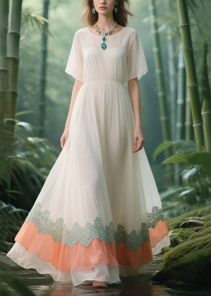 Italian White Lace Patchwork Draping Chiffon Vacation Dresses Summer