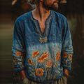 Men's Oil Painting Sunflower And Starry Night Embroidery Linen Shirt