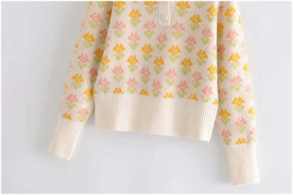 Retro Autumn Girl Sweet Temperament Two-color Flower Short Sweater Sweater 7163