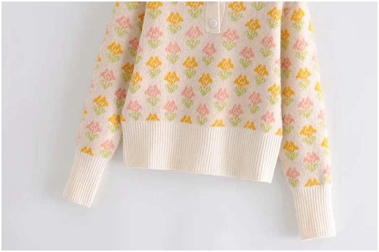 Retro Autumn Girl Sweet Temperament Two-color Flower Short Sweater Sweater 7163