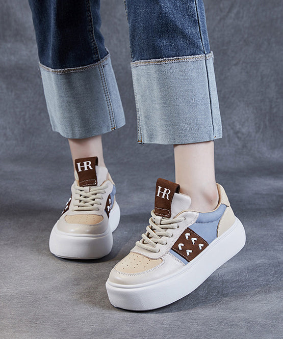 Beige Flat Shoes Platform Cowhide Leather Lace Up