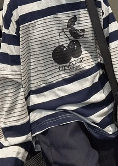 Striped Print Patchwork Cotton T Shirt Tops Fall