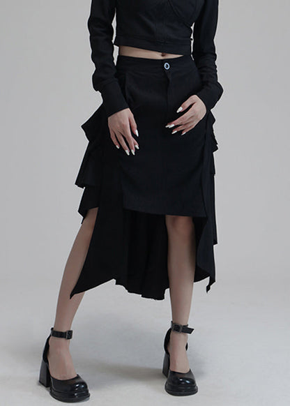 Black Asymmetrical Pockets High Waist Cotton Skirts Spring