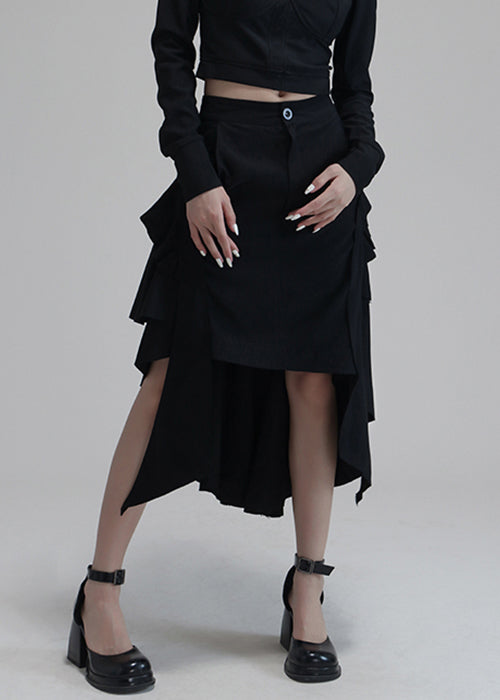Black Asymmetrical Pockets High Waist Cotton Skirts Spring
