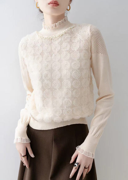 Art Apricot Decorated Nail Bead Knit Blouse Spring