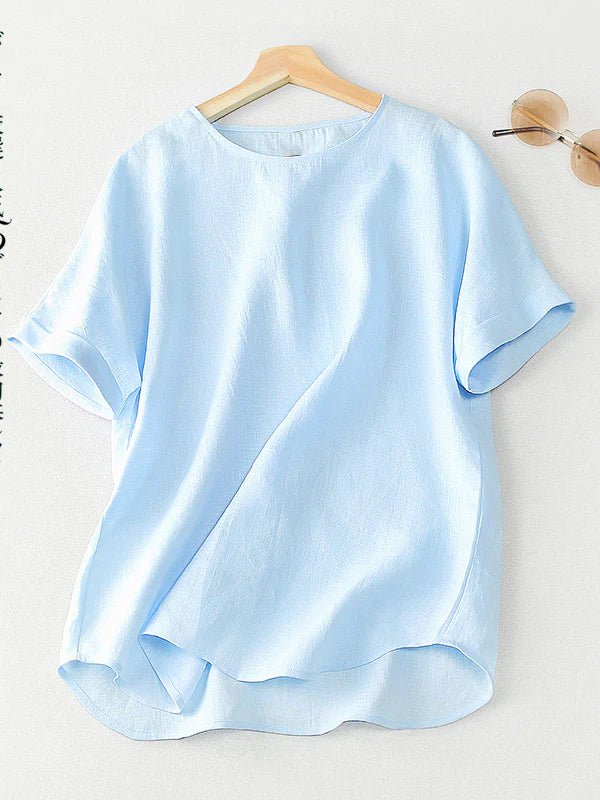 Pure Color Crew Neck Short Sleeve Linen Tee Top