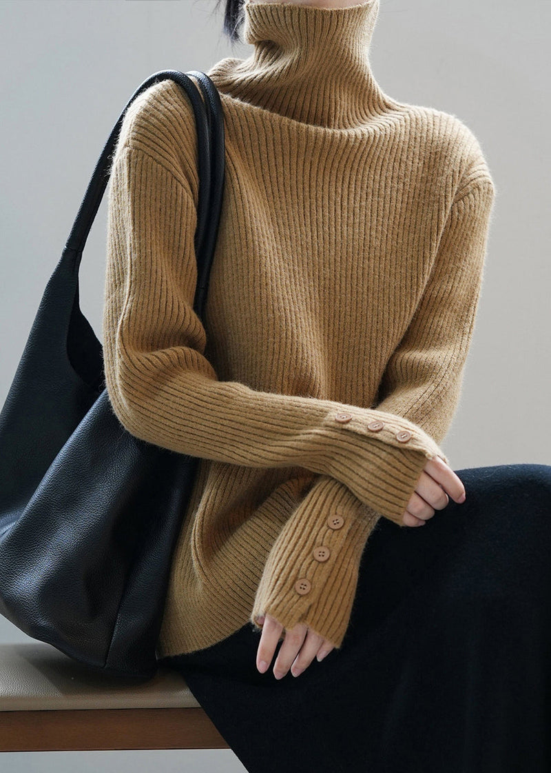 Boutique Camel Hign Neck Button Thick Knit Sweaters Fall