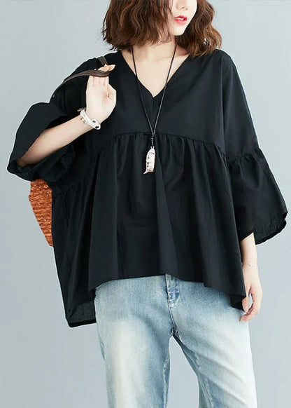 Green V Neck Patchwork Asymmetrical Design Fall Top Three Quarter Sleeve