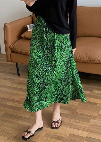 Green Elastic Waist Print Draping Silk Skirt Summer