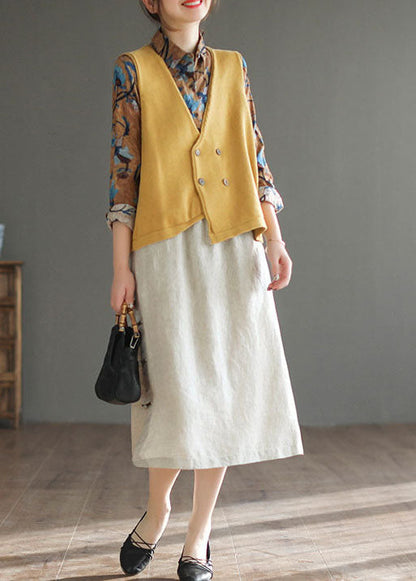 Linen Color Elastic Waist Side Open Oriental Button Linen Skirt Summer