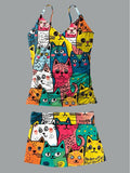 Women's Cute Cat Printed Suspender Shirred Swimsuit Set